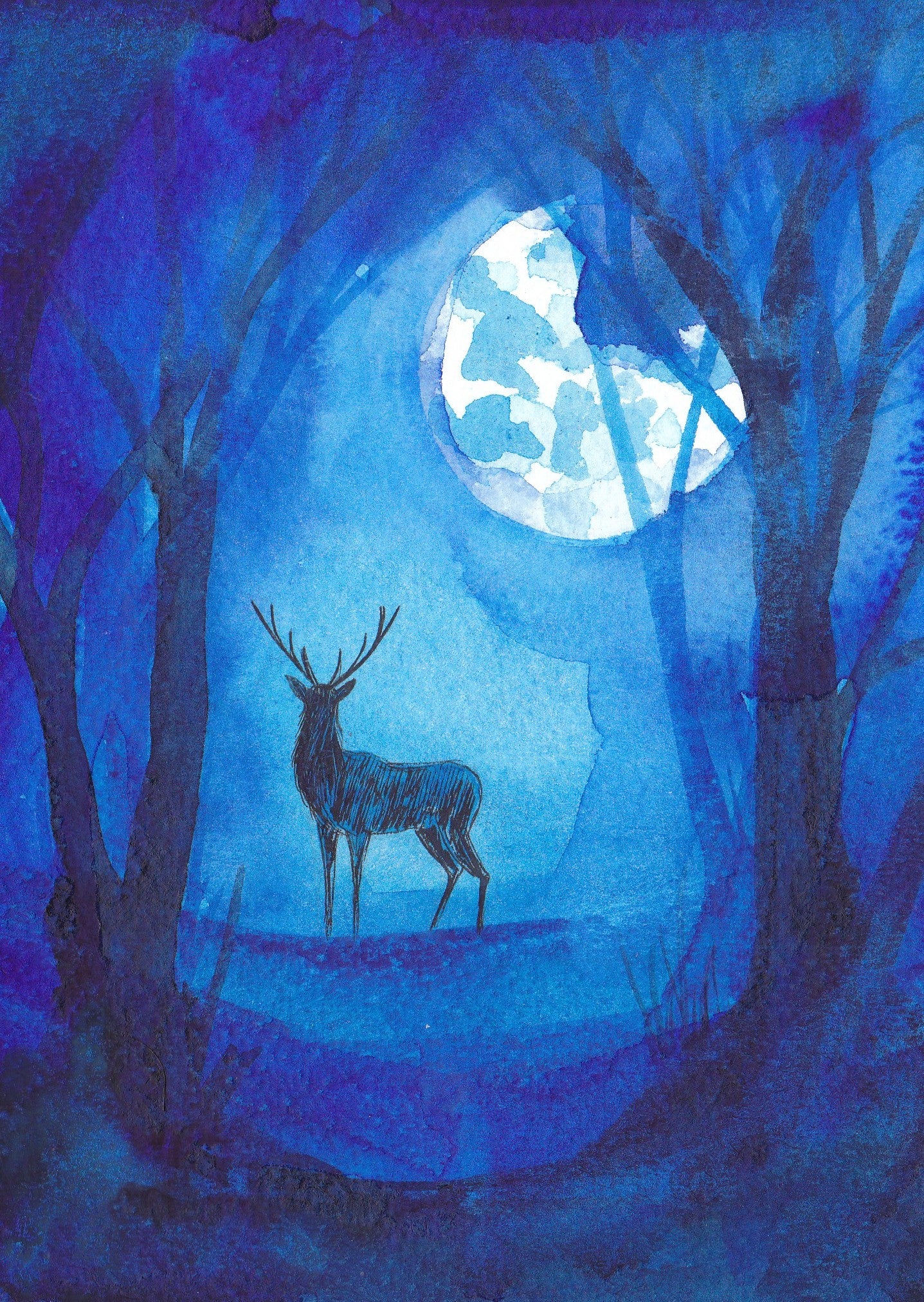The Stag and The Moon - Framed Original watercolour painting